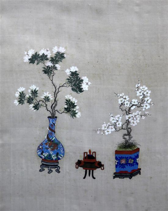 A pair of Chinese paintings on silk of antique vessels containing plants, early 20th century, 41 x 31.5cm, framed and glazed